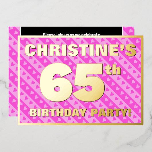 Invitation En Aluminium 65e fête d'anniversaire — Coeurs et rayures roses  (Recto/Verso)