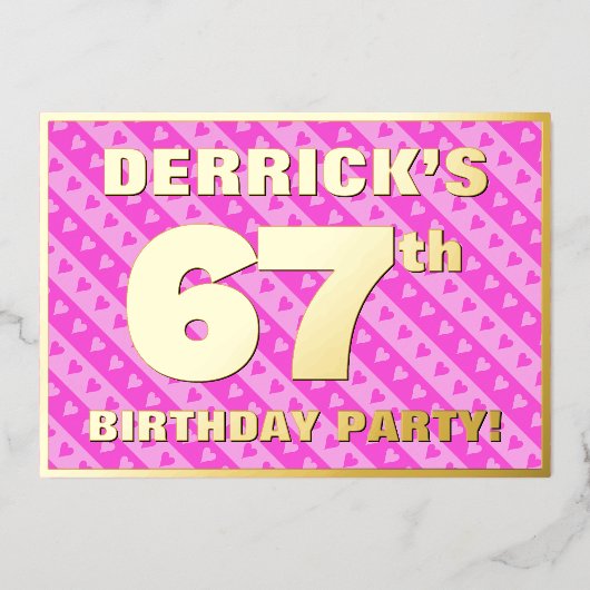 Invitation En Aluminium 67e fête d'anniversaire — Coeurs et rayures roses  (Recto)