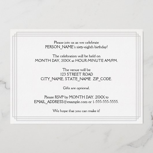 Invitation En Aluminium 68e fête d'anniversaire — Art Déco Style "68" & No (Verso)