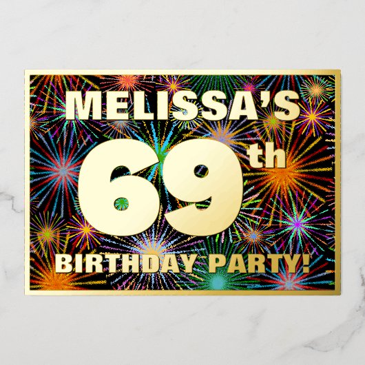 Invitation En Aluminium 69e fête d'anniversaire — Amusant, Feu d'artifice  (Recto)