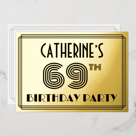Invitation En Aluminium 69e fête d'anniversaire — Art Déco Style "69" & No (Recto/Verso)
