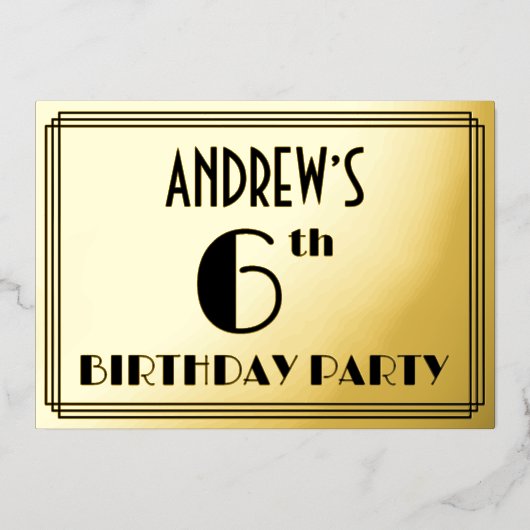Invitation En Aluminium 6e fête d'anniversaire — Art Déco Look "6" + Nom (Recto)
