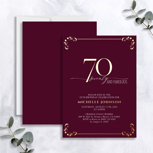 Invitation En Aluminium 70 ans & Fabuleux Anniversaire Bourgogne & Calligr