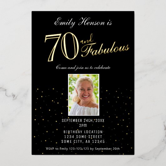 Invitation En Aluminium 70 et Fabulous Black 70th Birthday Gold (Recto)