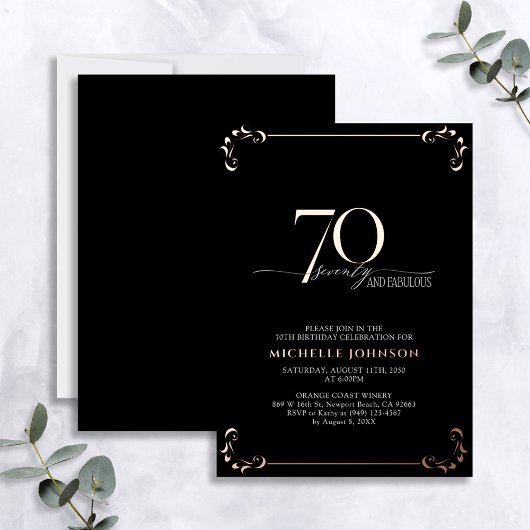 Invitation En Aluminium 70 & Fabuleux Black Rose Gold Calligraphie Anniver