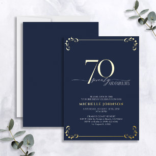 Invitation En Aluminium 70 & Fabuleux Blue & Gold Calligraphy Anniversaire