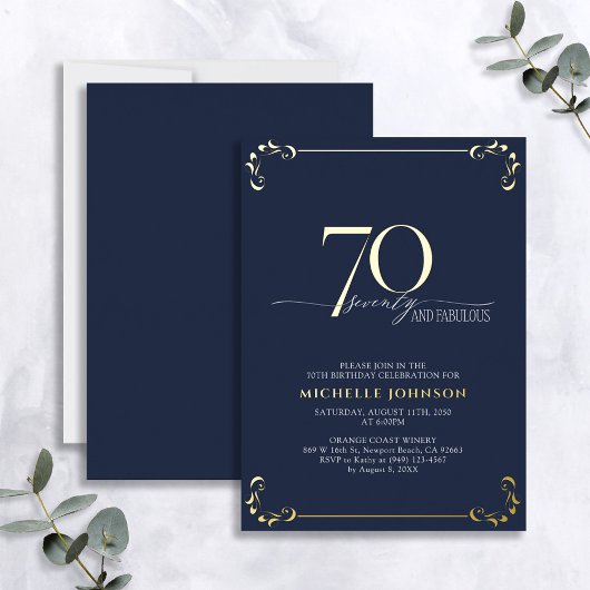 Invitation En Aluminium 70 & Fabuleux Blue & Gold Calligraphy Anniversaire