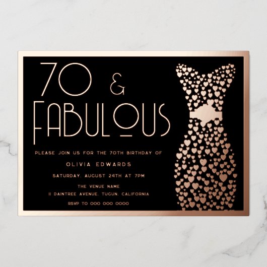Invitation En Aluminium 70 & Fabulous! Rose Gold & Black 70th Birthday (Recto)