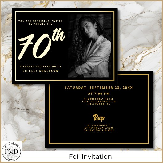 Invitation En Aluminium 70e anniversaire Photo Black Faux Gold Leaf Élégan