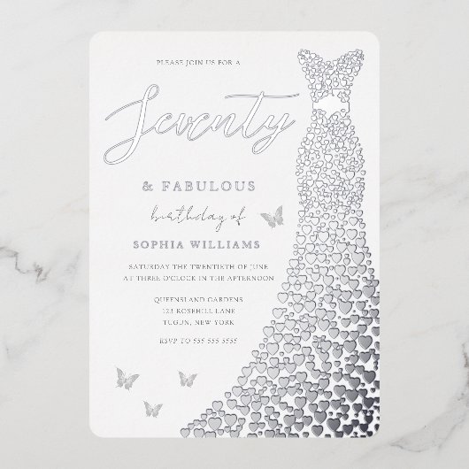 Invitation En Aluminium 70e fête d'anniversaire Silver Foil Coeur Robe Rea (Recto)
