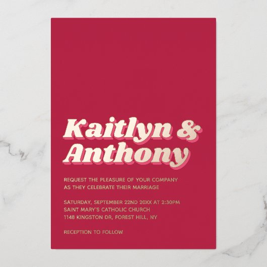 Invitation En Aluminium 70's Retro Super Viva Magenta Mariage Real (Recto)