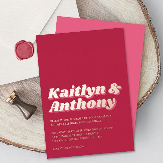 Invitation En Aluminium 70's Retro Super Viva Magenta Mariage Real