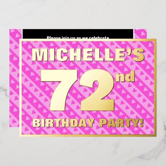 Invitation En Aluminium 72e fête d'anniversaire — Coeurs et rayures roses  (Recto/Verso)