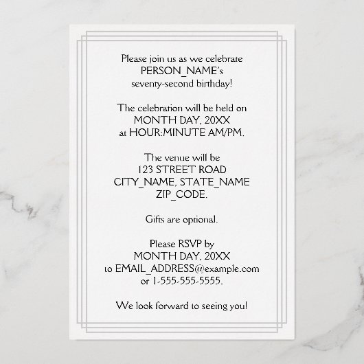 Invitation En Aluminium 72e fête d'anniversaire — Script élégant + Nom per (Verso)