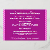 Invitation En Aluminium 74e fête d'anniversaire — Gras, amusant, rose rayu (Verso)