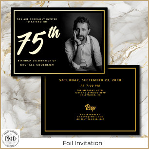 Invitation En Aluminium 75e Anniversaire Élégante Photo Noir Or