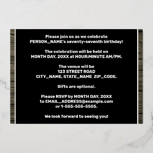 Invitation En Aluminium 77e fête d'anniversaire : Bold, Motif de céréales  (Verso)