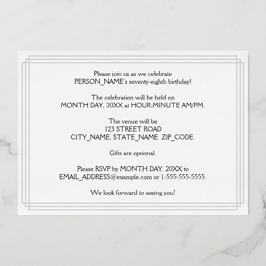 Invitation En Aluminium 78e fête d'anniversaire — Art Déco Style "78" & No (Verso)