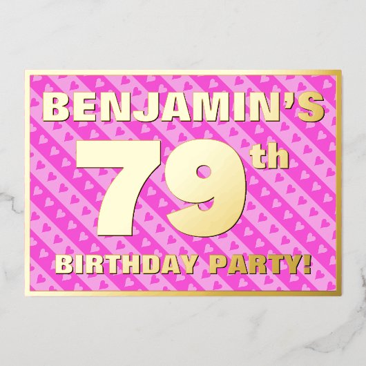 Invitation En Aluminium 79e fête d'anniversaire — Coeurs et rayures roses  (Recto)