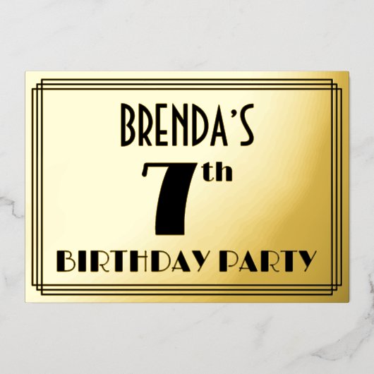 Invitation En Aluminium 7e fête d'anniversaire — Art Déco Look "7" + Nom (Recto)