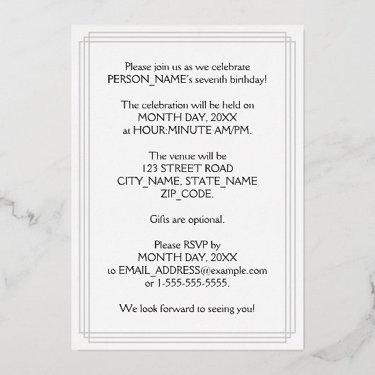 Invitation En Aluminium 7e fête d'anniversaire — Script élégant + Nom pers (Verso)