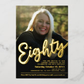 Invitation En Aluminium 80 80e anniversaire script photo personnalisé or (Recto)