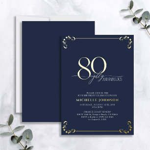 Invitation En Aluminium 80 & Fabuleux Blue & Gold Calligraphy Anniversaire