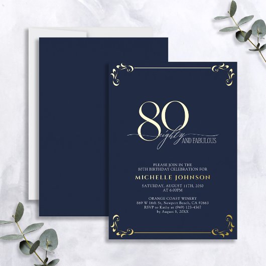 Invitation En Aluminium 80 & Fabuleux Blue & Gold Calligraphy Anniversaire