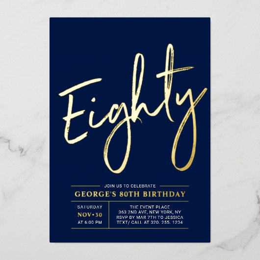Invitation En Aluminium 80 | Modern Gold Navy 80e fête d'anniversaire (Recto)