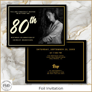 Invitation En Aluminium 80e Anniversaire Élégante Photo Noir Or