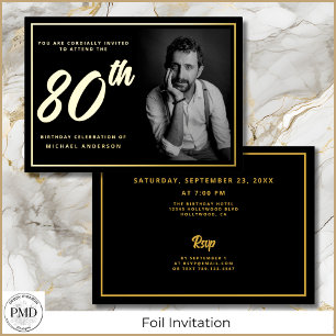 Invitation En Aluminium 80e Anniversaire Élégante Photo Noir Or