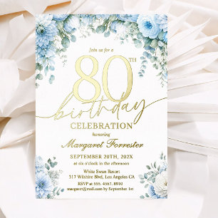 Invitation En Aluminium 80e Anniversaire Fleurs Bleu Poussiéreux Or Réel
