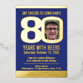 Invitation En Aluminium 80e fête d'anniversaire bleu feuille d'or photo bi (Recto)