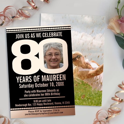 Invitation En Aluminium 80e fête d'anniversaire noir et rose feuille d'or