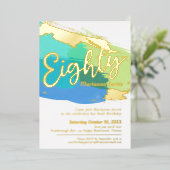 Invitation En Aluminium 80e fête d'anniversaire or vert bleu photo abstrai (Debout devant)