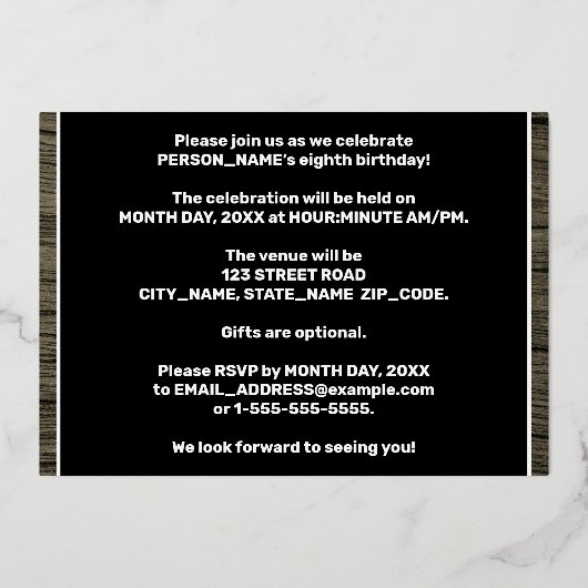 Invitation En Aluminium 8th Birthday Party: Bold, Faux Wood Grain Pattern (Verso)