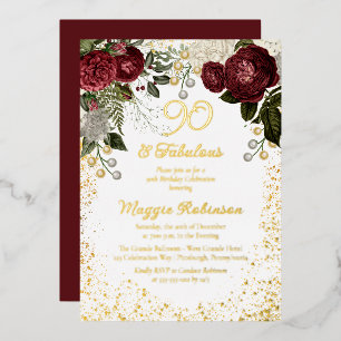 Invitation En Aluminium 90 ans et fabuleux Rose florale Glam Fête d'annive