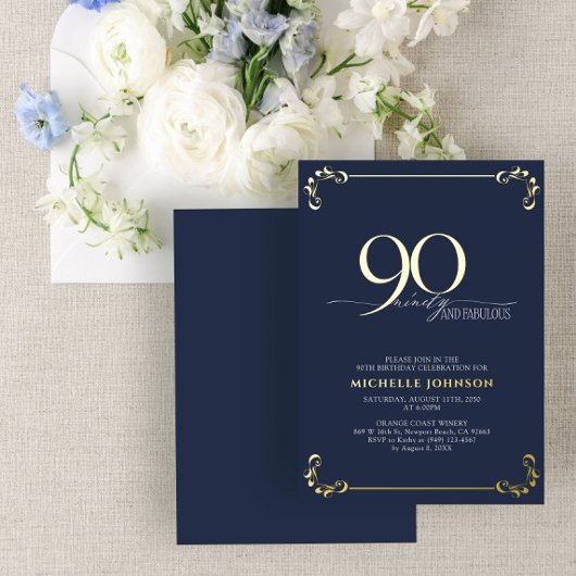 Invitation En Aluminium 90 & Fabuleux Blue & Gold Calligraphy Anniversaire