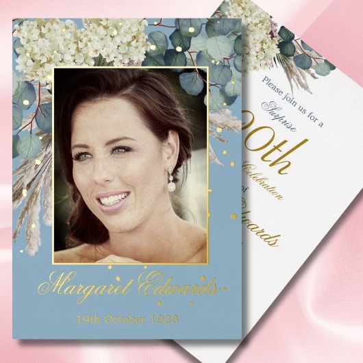 Invitation En Aluminium 90e Anniversaire Bleu Élégant Photo Fête