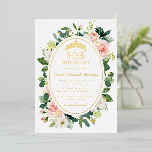 Invitation En Aluminium 90e anniversaire Gold Pink Butterfly Floral (Debout devant)