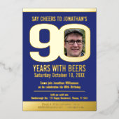 Invitation En Aluminium 90e fête d'anniversaire bleu feuille d'or photo bi (Recto)