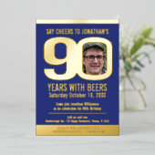 Invitation En Aluminium 90e fête d'anniversaire bleu feuille d'or photo bi (Debout devant)