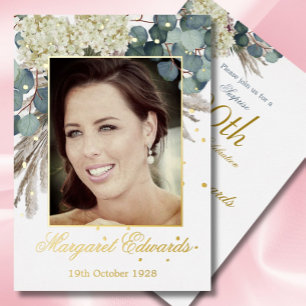 Invitation En Aluminium 90ème Floral Blue Elegant Photo Anniversaire