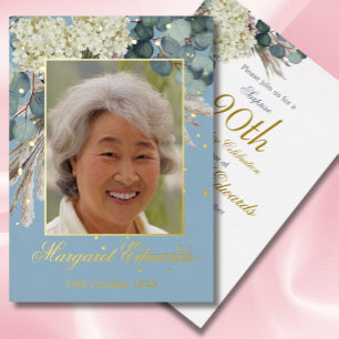 Invitation En Aluminium 90ème Floral Elégant Photo Blue Anniversaire