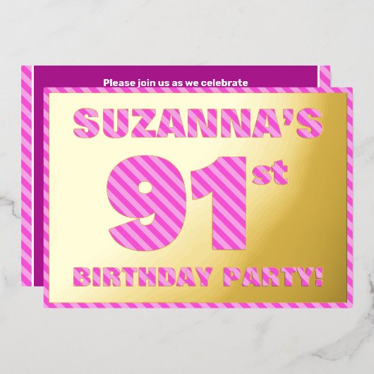 Invitation En Aluminium 91e fête d'anniversaire — Audacieux, amusant, rose (Recto/Verso)