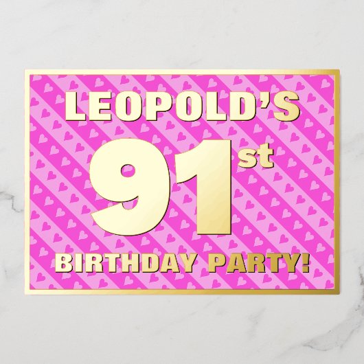 Invitation En Aluminium 91e fête d'anniversaire — Coeurs et rayures roses  (Recto)