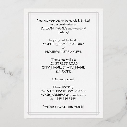 Invitation En Aluminium 92e fête d'anniversaire — Script fantaisie et nom  (Verso)