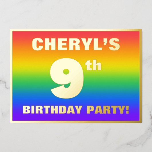 Invitation En Aluminium 9e fête d'anniversaire : Amusant, Motif arc-en-cie (Recto)