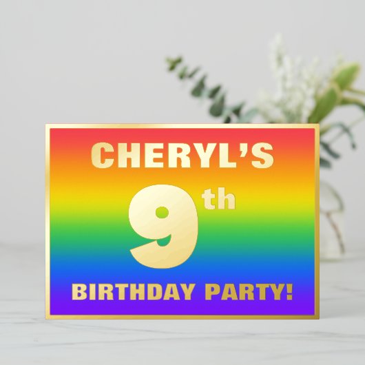 Invitation En Aluminium 9e fête d'anniversaire : Amusant, Motif arc-en-cie (Debout devant)