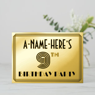 Invitation En Aluminium 9e fête d'anniversaire — Art Déco Style "9" & Nom